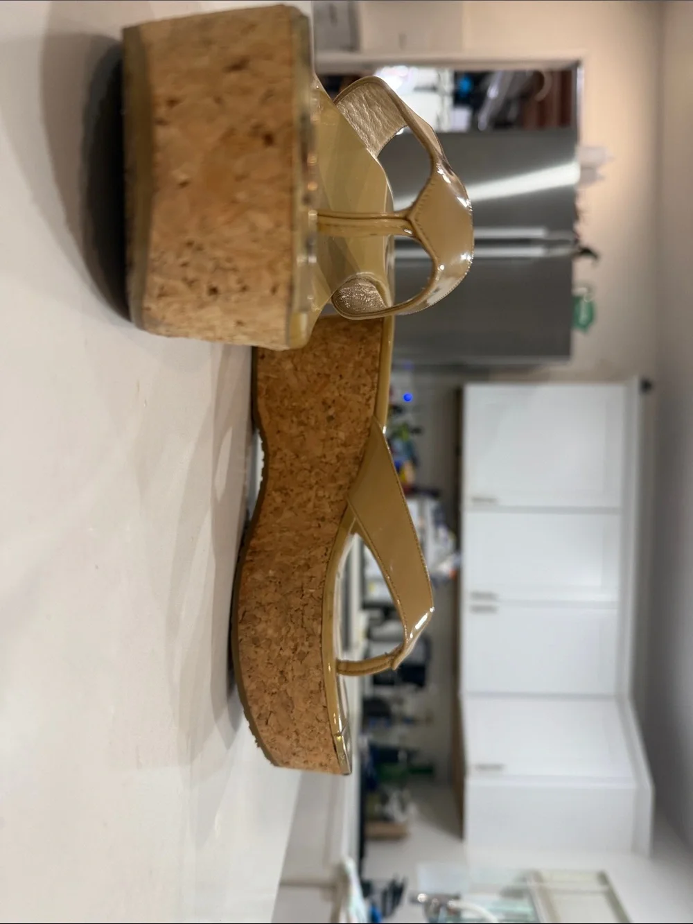 Jimmy Choo Nude Patent Cork Wedge Thongs